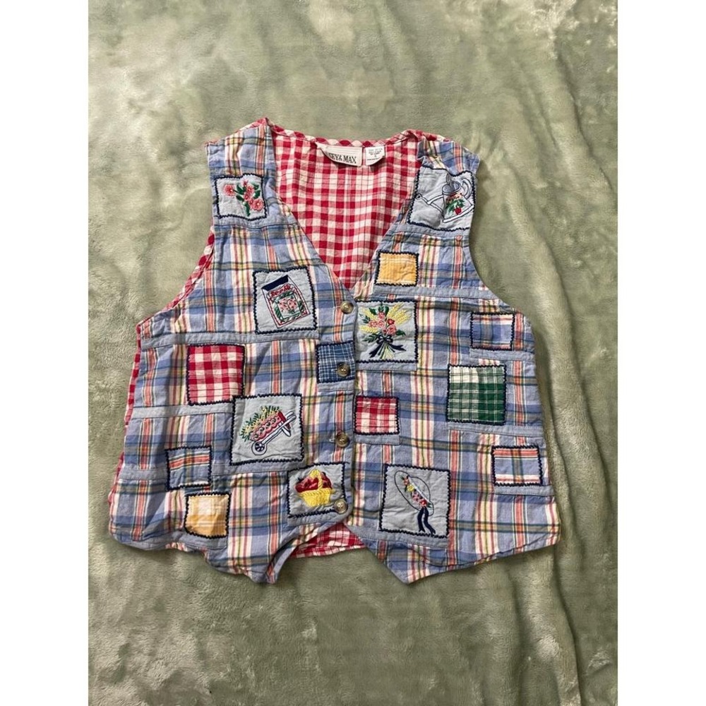 Vintage 90s Casey & Max Plaid Patchwork Embroidered Vest Cottagecore Whimsical S
